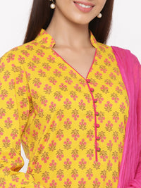 Thumbnail for Jaipur Kurti Women Yellow & Pink Floral Printed Kurta with Salwar & Dupatta - Distacart