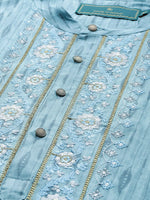 Thumbnail for House of Pataudi Jashn Zari Work Sequined Detail Floral Embroidered Kurta - Distacart