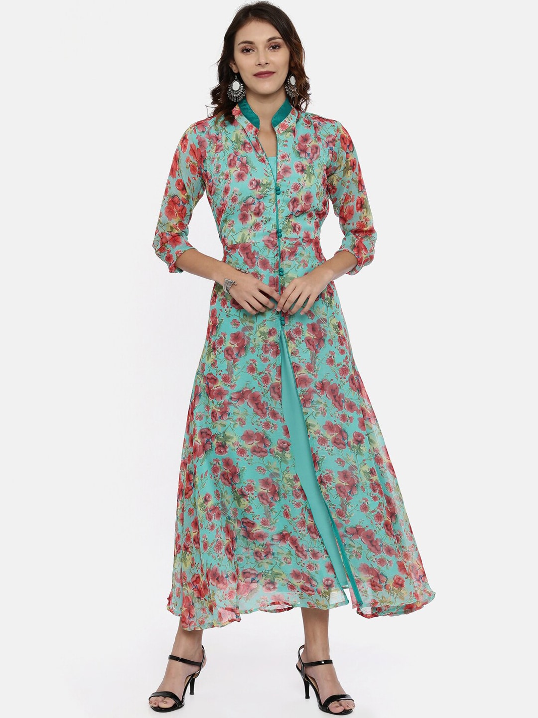 Souchii Turquoise Blue & Pink Floral Print Ethnic Maxi Dress - Distacart