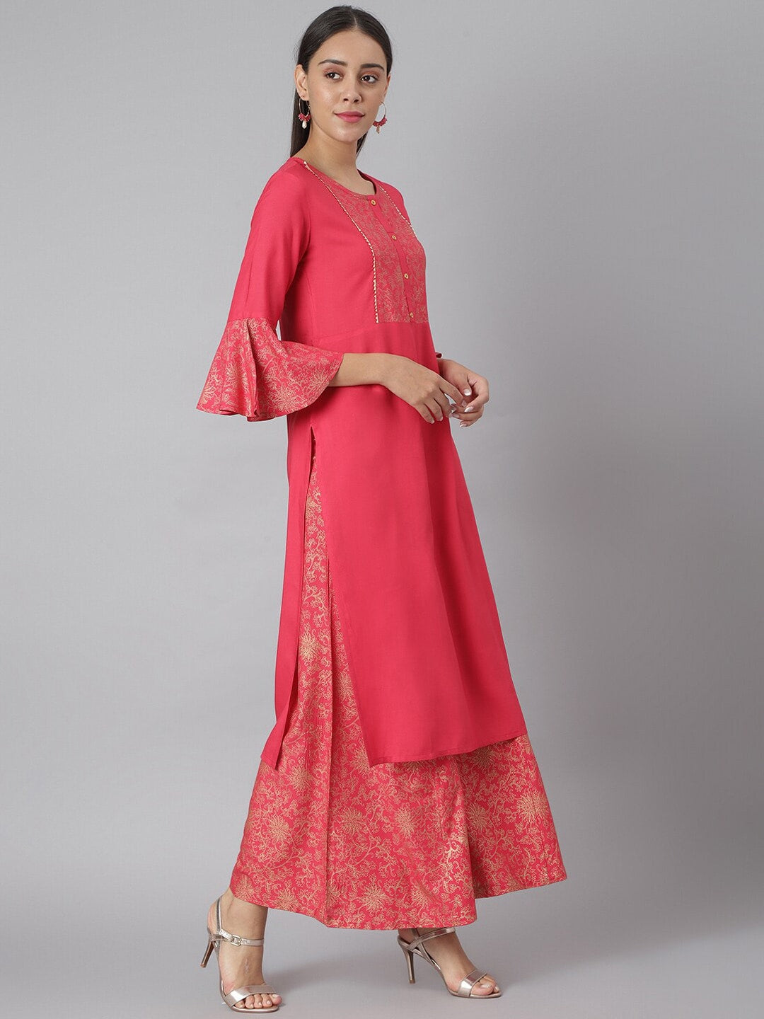 Khushal K Women Pink Ethnic Motifs Yoke Design Regular Kurta with Palazzos - Distacart
