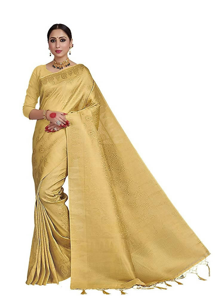 Vardha Women's Beige Color Kanchipuram Raw Silk Saree with Unstitched Blouse Piece