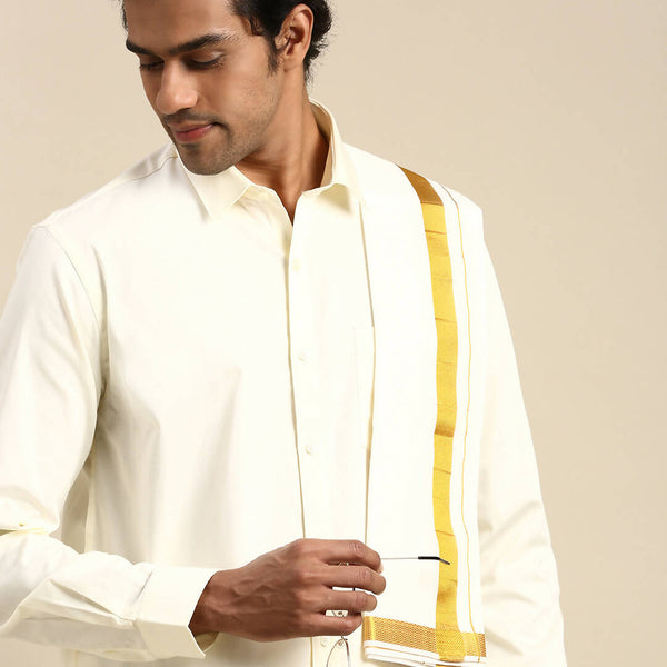 Ramraj Cotton Wedding Cream Zari Dhoti with shirt Bit & Towel Set Subamangalam 50k - Distacart