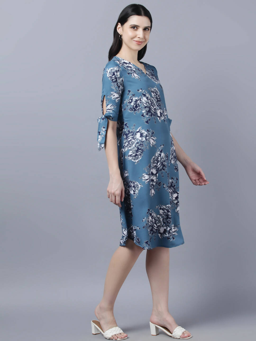 Myshka Women Teal Blue Grey Printed A-line Dress - Distacart