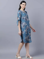 Thumbnail for Myshka Women Teal Blue Grey Printed A-line Dress - Distacart