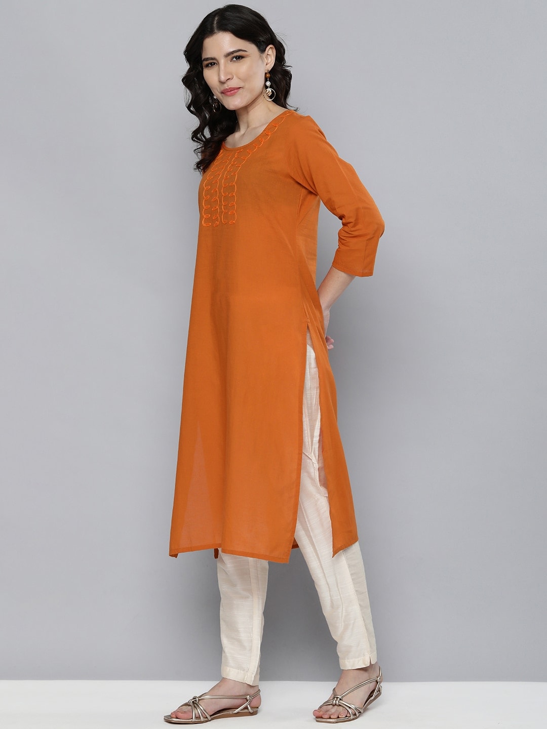 HERE&NOW Women Orange Embroidered Kurta - Distacart