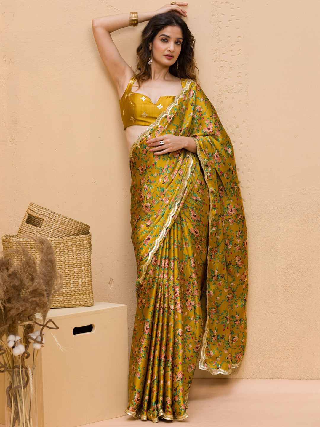 Koskii Floral Printed Gotta Patti Satin Saree - Distacart