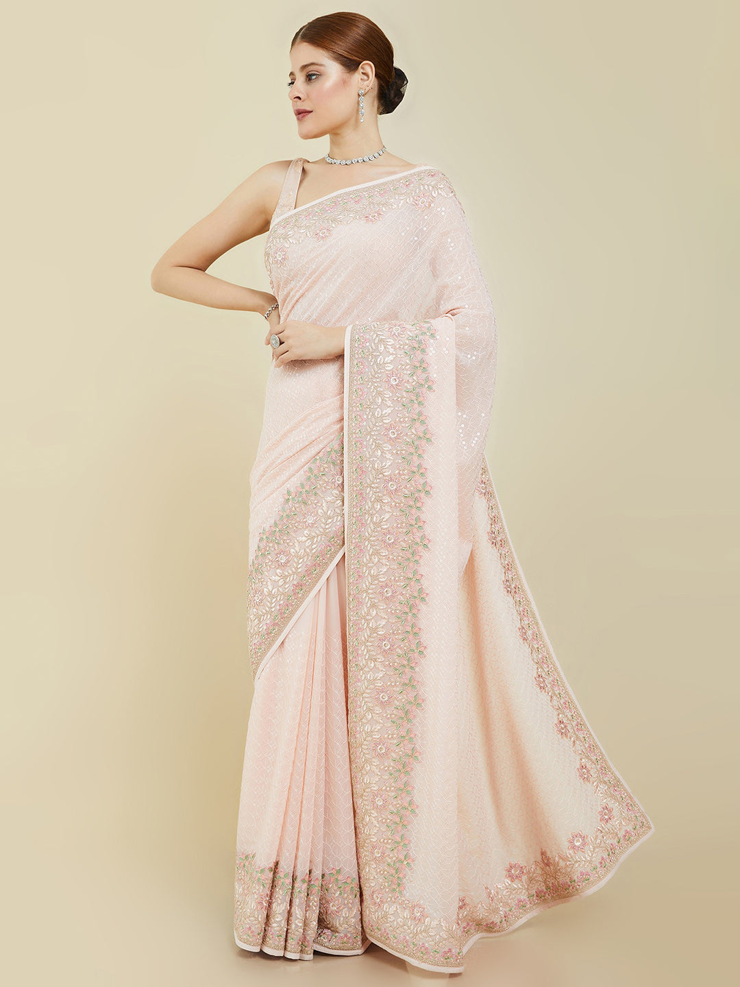 Soch Peach-Coloured & Green Floral Sequinned Pure Georgette Saree - Distacart