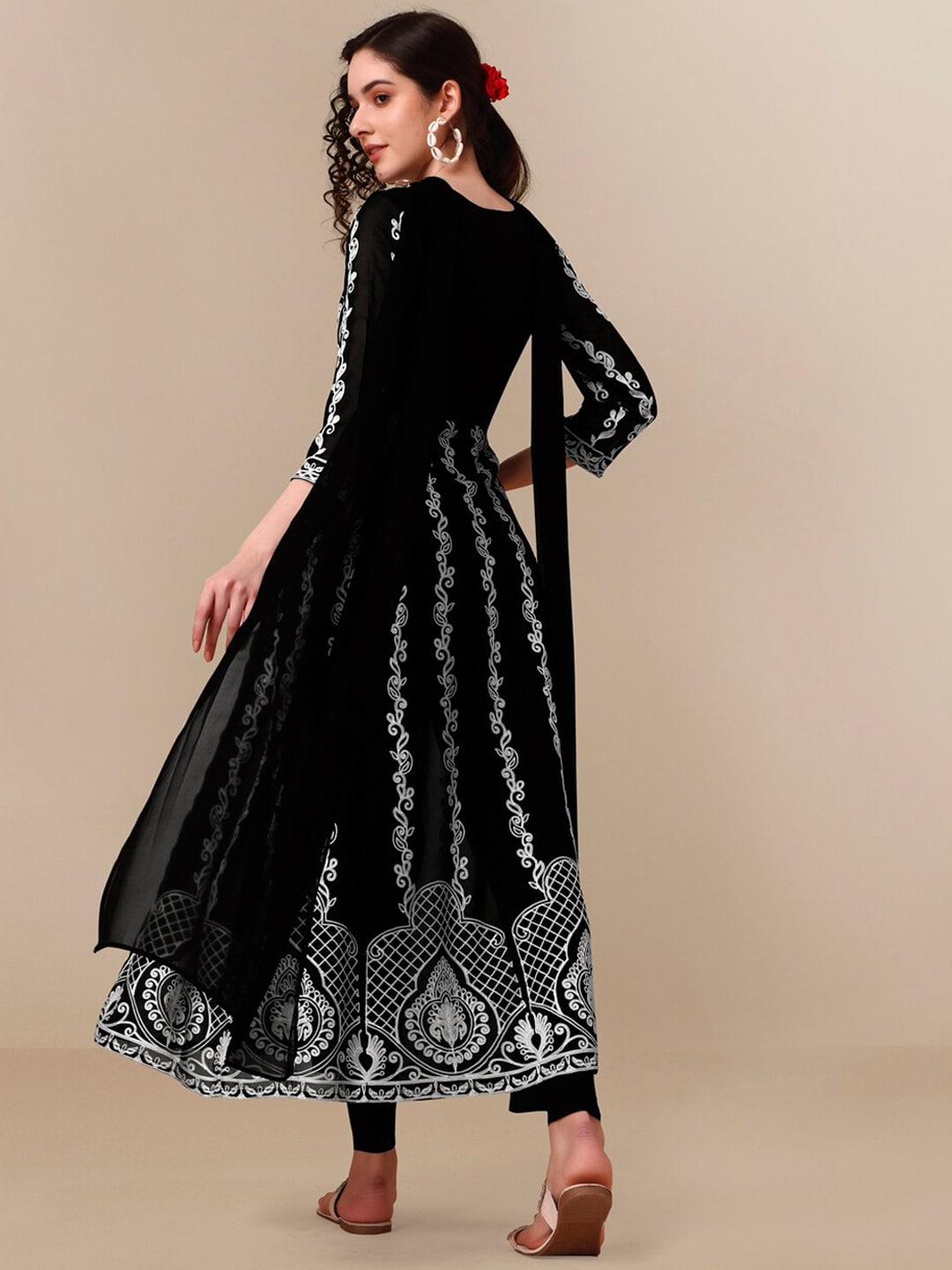 HERE&NOW Black Lucknowi Chikankari Embroidered Georgette Anarkali Kurta with Dupatta - Distacart