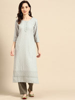 Thumbnail for Sangria Women Grey & White Ethnic Motifs Embroidered Thread Work Kurta - Distacart