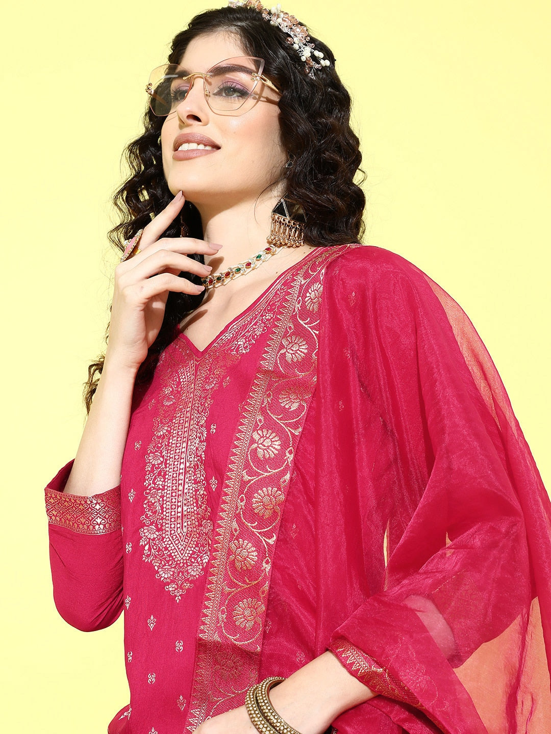 Sangria Floral Yoke Design Jacquard Kurta with Palazzos & With Dupatta - Distacart