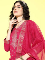 Thumbnail for Sangria Floral Yoke Design Jacquard Kurta with Palazzos & With Dupatta - Distacart
