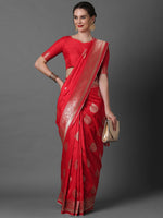Thumbnail for Mitera Red & Silver-Coloured Ethnic Motifs Zari Woven Design Silk Blend Banarasi Saree - Distacart