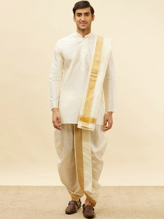 Manyavar Mandarin Collar Regular Pure Silk Kurta With Dhoti Pants & Dupatta - Distacart