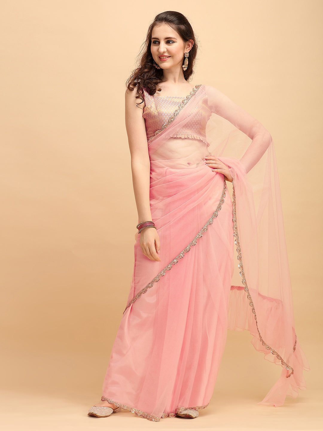 Sangria Pink Solid Net Ruffled Saree - Distacart