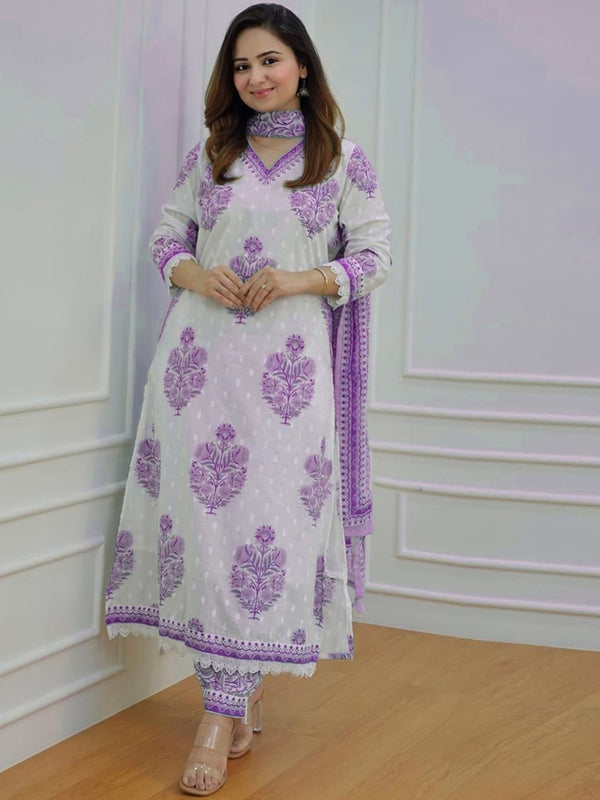 Kalini Floral Printed Sequinned Detail Pure Cotton A-Line Kurta & Salwar With Dupatta - Distacart