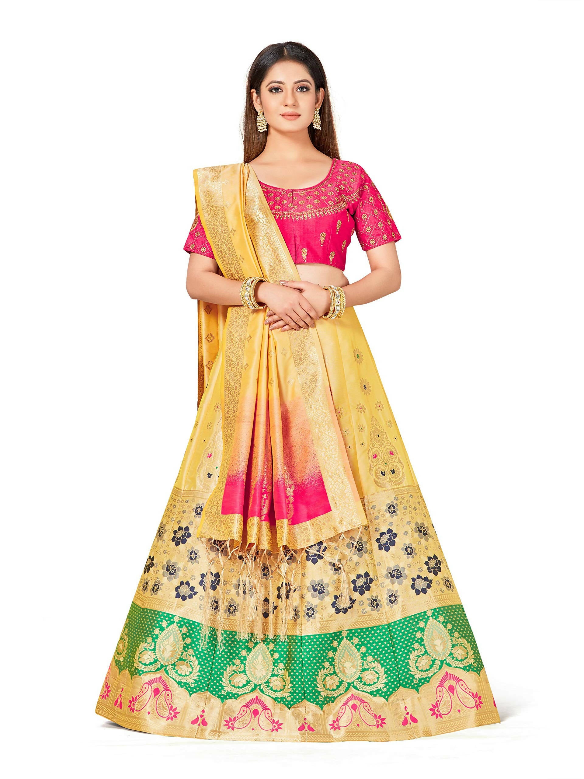 Mimosa Women's Semi-Stitched Art Silk Yellow Lehenga Choli with Dupatta - Distacart