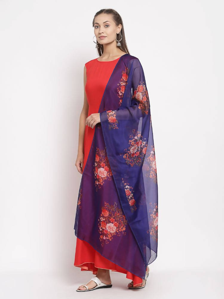 Myshka Women's Red Cotton Solid Sleeveless Round Neck Casual Kurta Dupatta Set