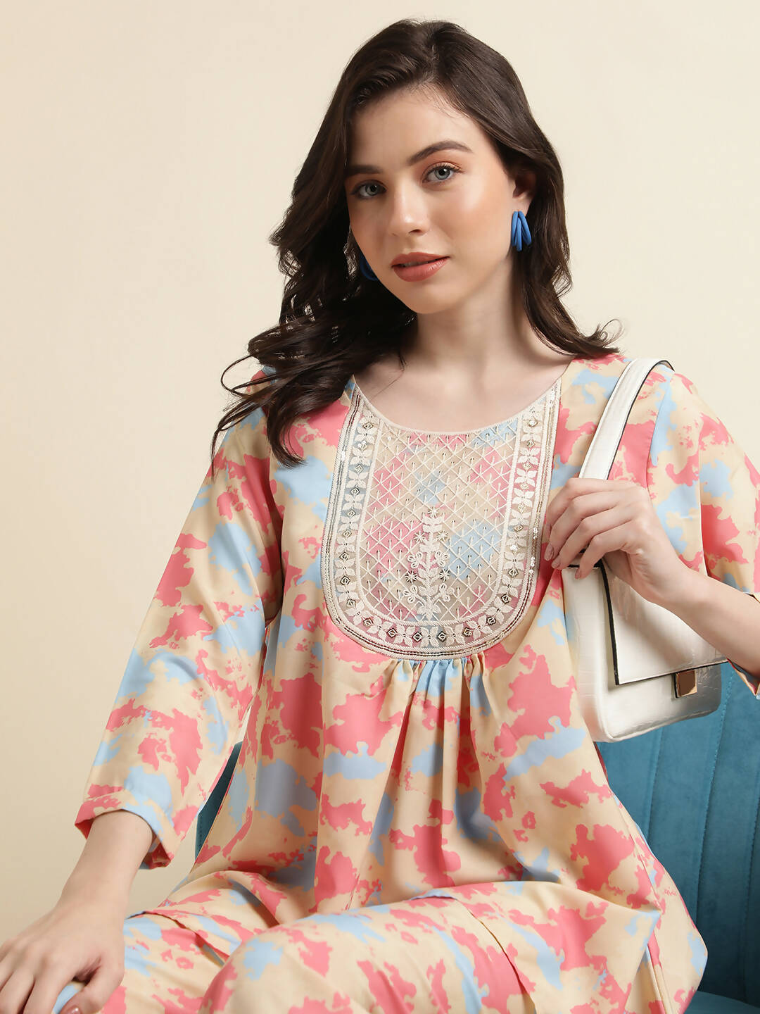 Beige & Pink Poly Crepe Digital Printed Top with Matching Bottom - Preeti - Distacart