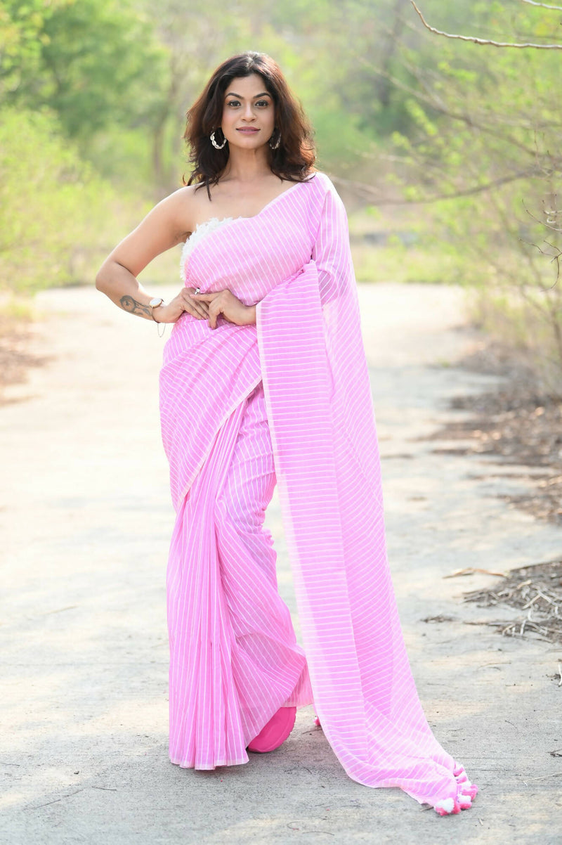 Very Much Indian Designer Pure Cotton Saree With All Over Linear Stripes - Light Pink - Distacart