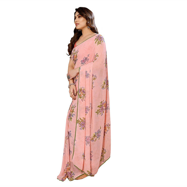 Women's Partywear Designer Peach Georgette Fancy Saree - Satrangi - Distacart