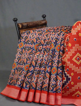 Shades Of Navy Blue And Red Patola Print Semi Chanderi Saree By Gayathri Reddy Designer Studio - Distacart