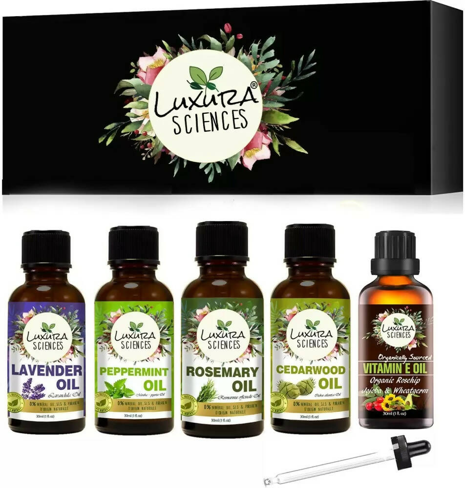 Luxura Sciences Organic Essential Oils for Anti Hair Fall - Lavender Oil, Peppermint Oil, CedarWood Oil, Rosemary Oil, Vitamin E Oil - Distacart