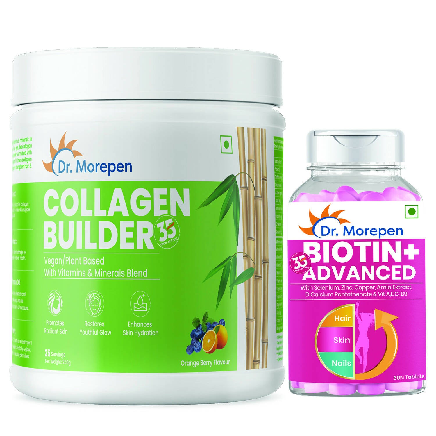 Dr. Morepen Biotin+ Advanced Tablets and Natural Collagen Builder, Orange Berry Flavour Combo - Distacart