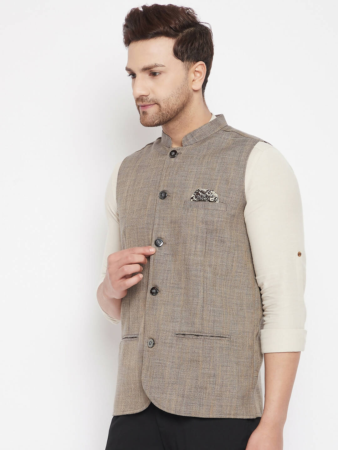 Even Apparels Brown Linen Men Woven Nehru Jacket - Distacart