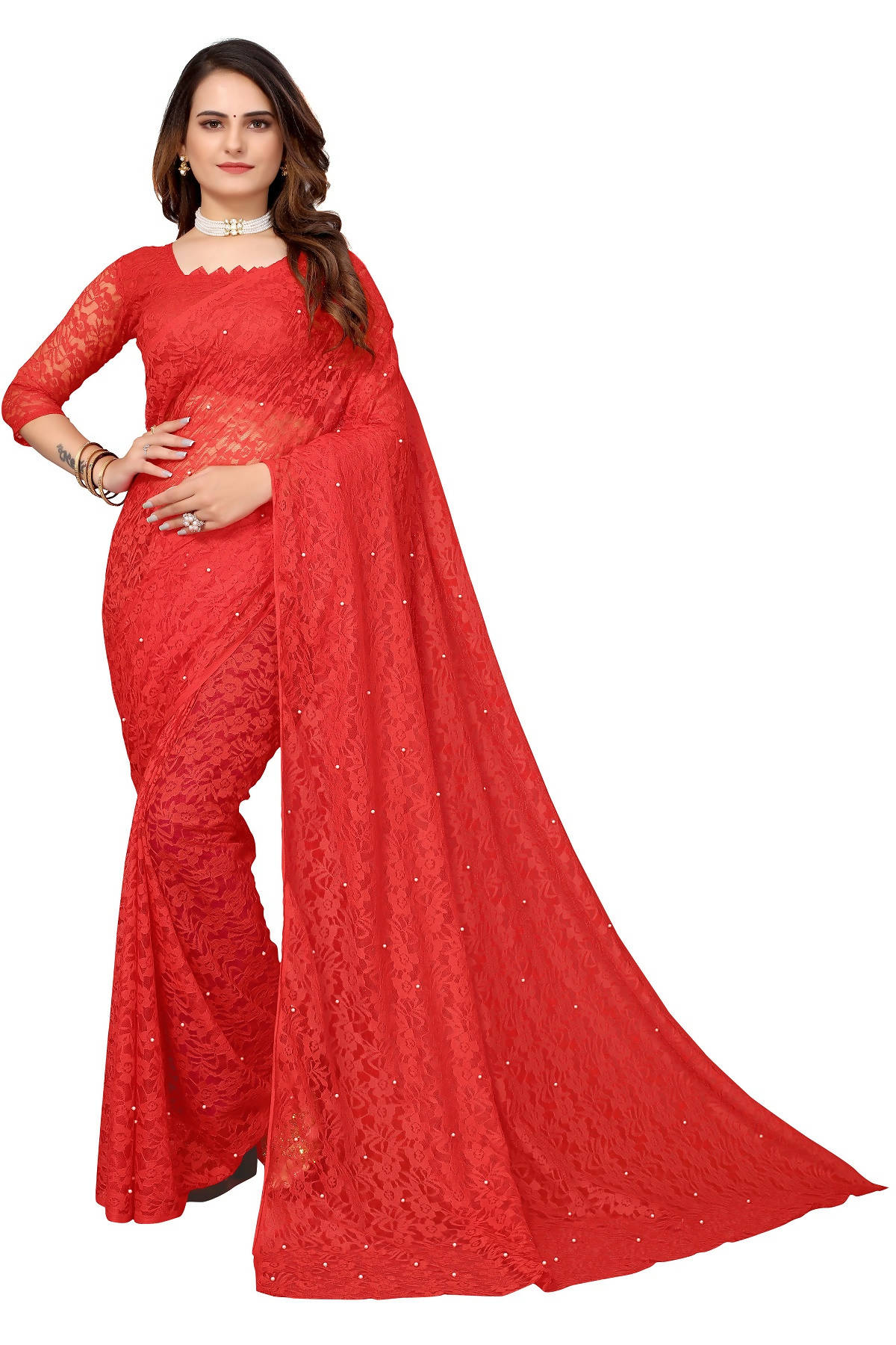 Vamika Ethnic Fire Red Pearls Net Saree - Distacart
