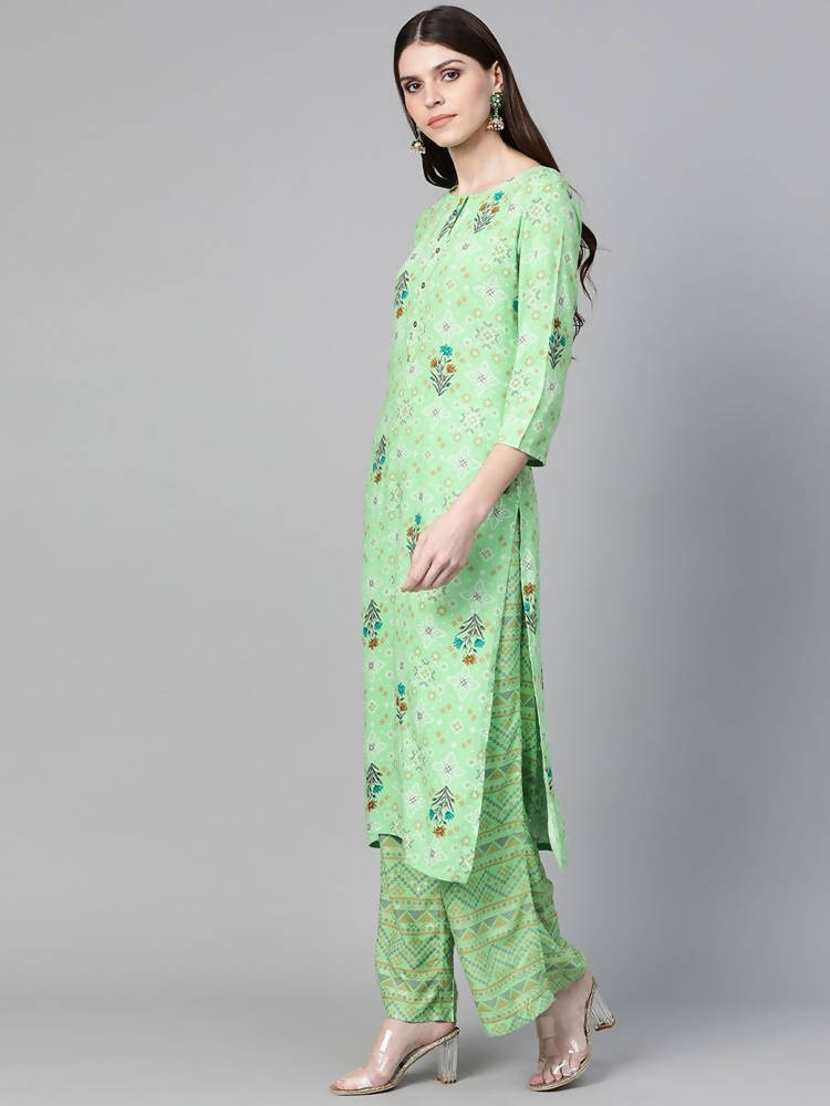Yufta Women Green & Beige Printed Kurta palazzo Set