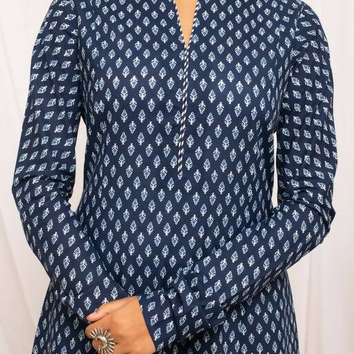 FIORRA Women's Floral Printed Navy Blue Cotton A-Line Kurta - Distacart
