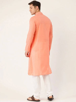 Manyavar Men Peach-Coloured & White Self Design Kurta with Churidar - Distacart