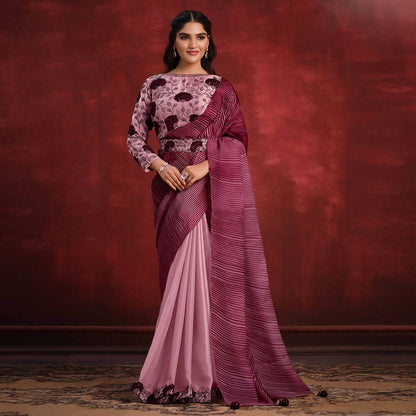 Peach Crepe Satin Silk Sequence Thread & Stone Work/ Texture Pallu Saree - Mohmanthan Kimiya - Distacart