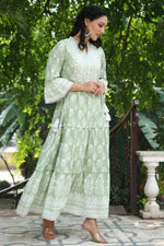 Thumbnail for Juniper Women's Green Cambric Floral Printed Maxi Tiered Dress - Distacart