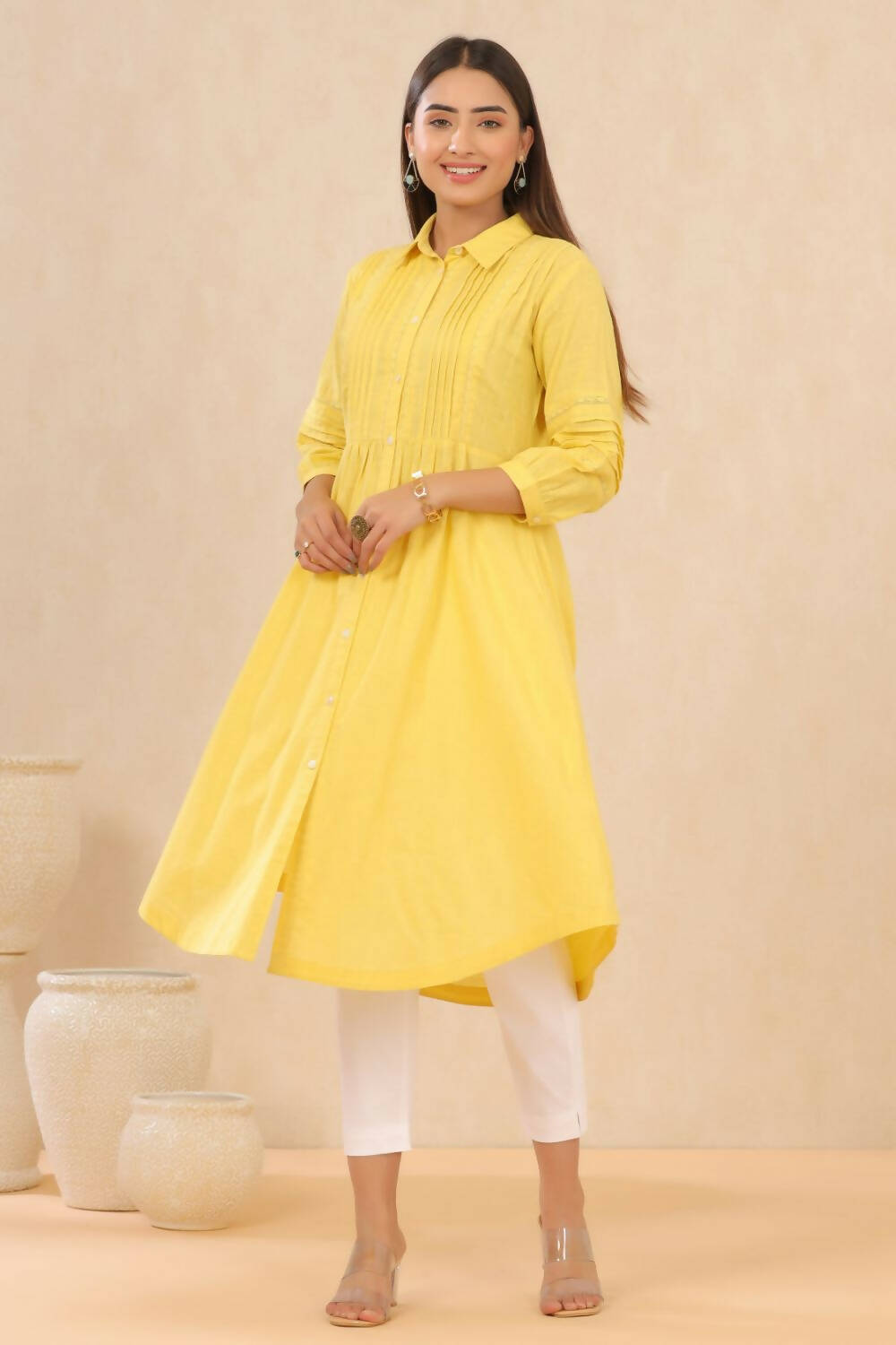 Juniper Womens Blush Yellow Cotton Slub Solid Mid Length Shirt Dress With Lace Detailing - Distacart
