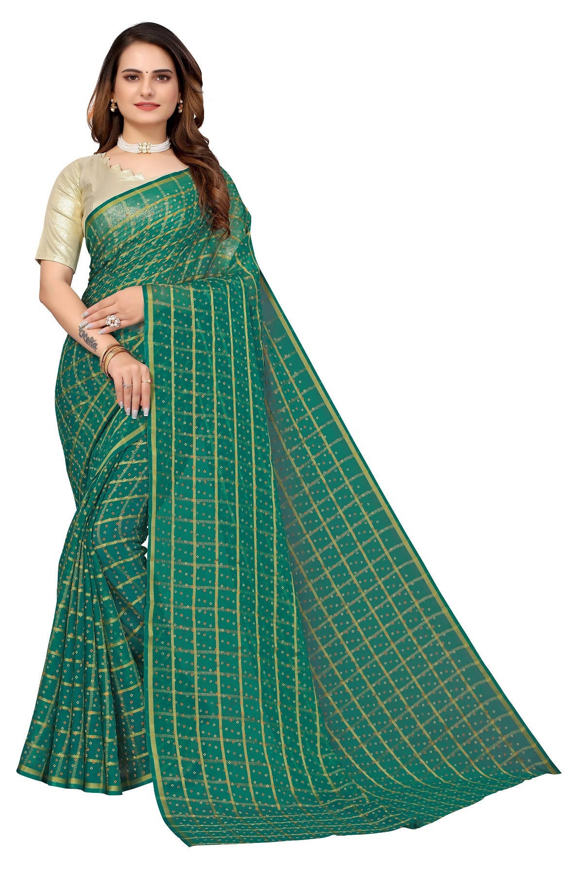 Vamika Ethnic Fire Green Jari Work Chiffon Saree - Distacart