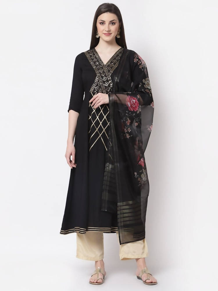 Myshka Black Color Rayon Embroidered Kurta With Dupatta Set