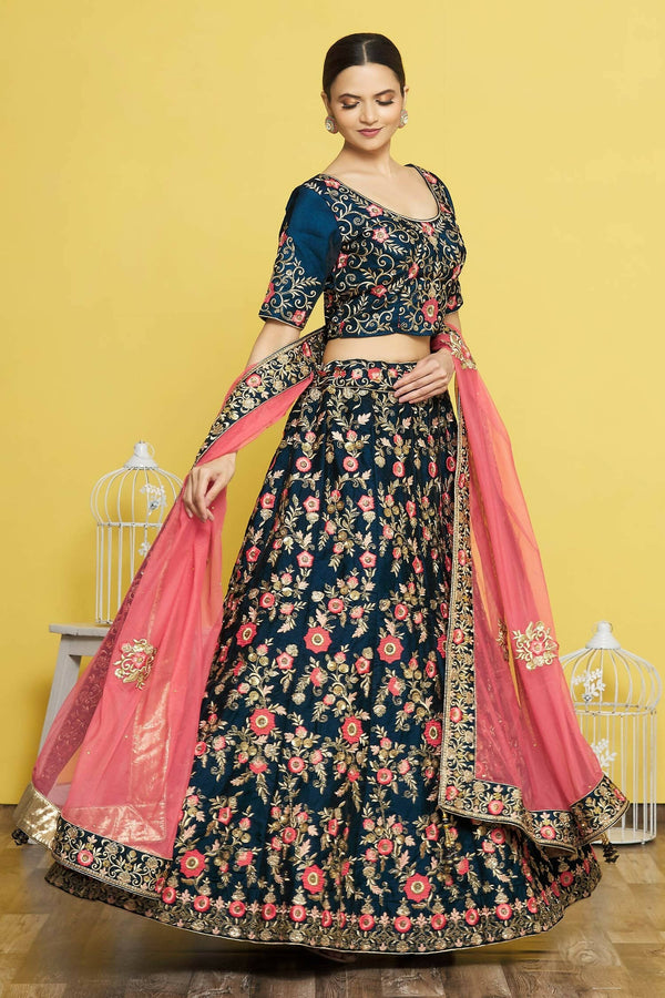 Blue Silk Semi-Stitched Wedding Bridal Lehenga - Nimaya - Distacart