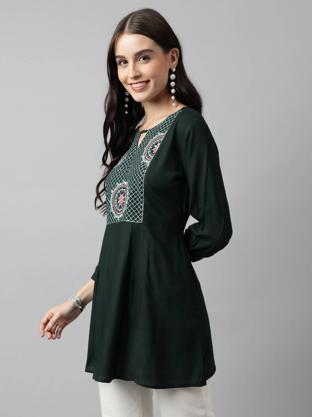 Green Rayon Yoke Embroidered A-line Top - Tarini - Distacart