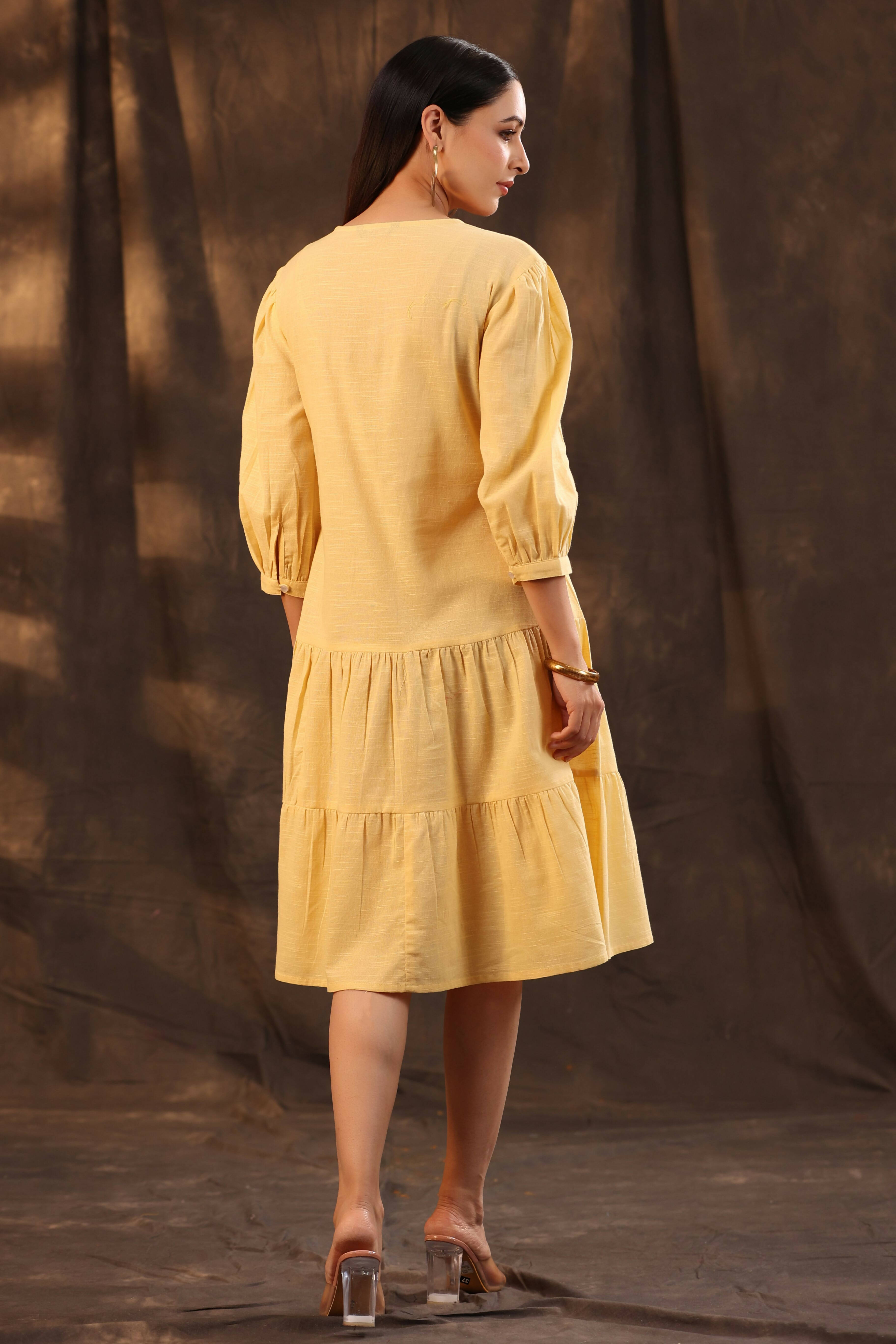 Juniper Women's Yellow Cotton Slub Solid Embroidered Tiered Dress - Distacart