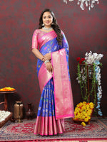 Thumbnail for Lorenvalley Fashion Blue Cotton Woven Design Zari Meenakari Weaving Saree - Distacart