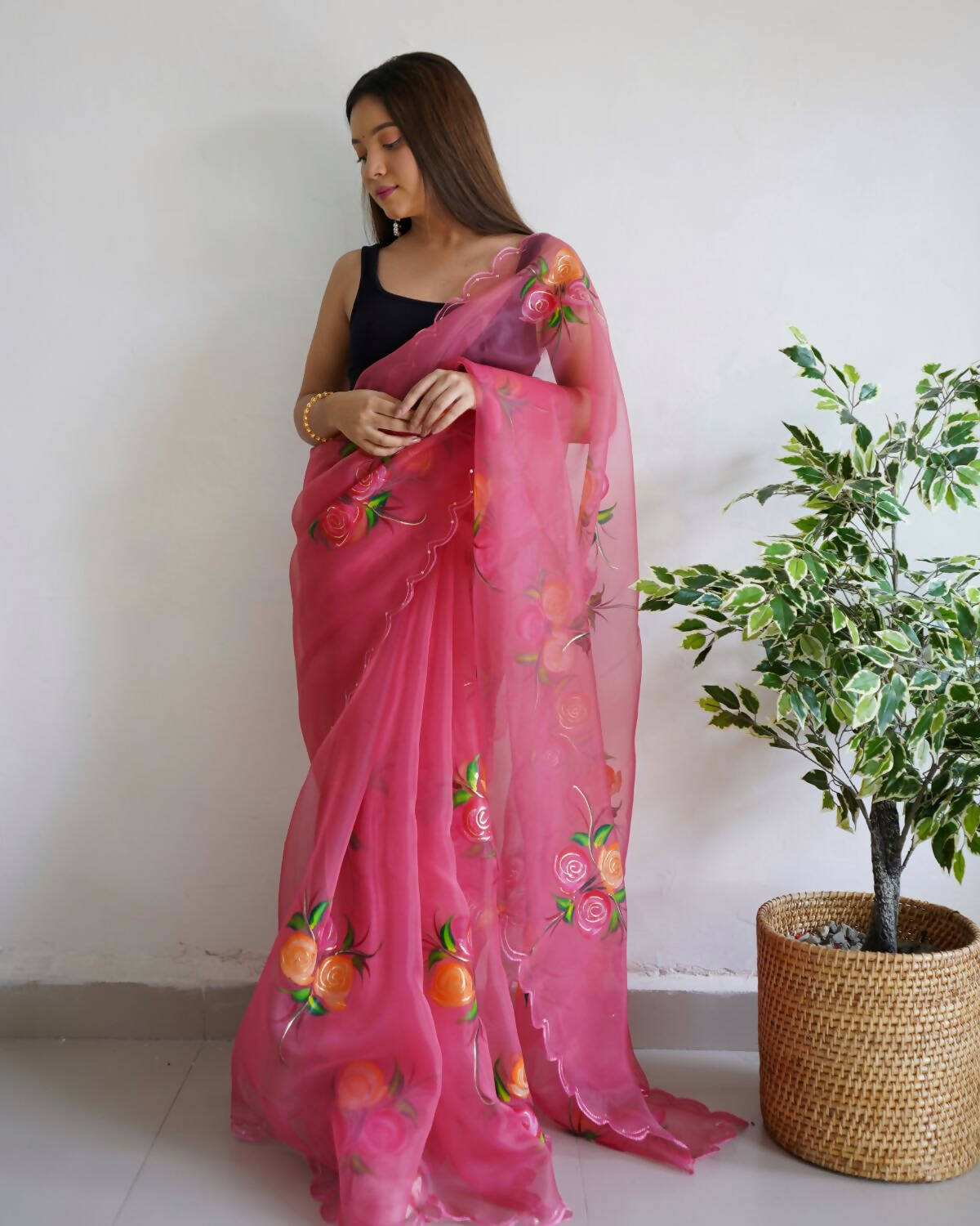 Vastrasky Pink Organza Saree - Distacart
