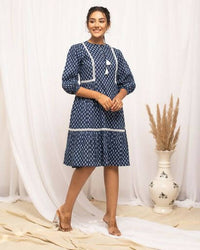 Thumbnail for FIORRA Women's Blue Cotton Floral Printed Western Dress - Distacart