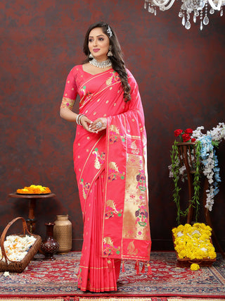Lorenvalley Fashion Peach Soft Paithani Silk Woven Design Gold Zari Meenakari Weaving Saree - Distacart