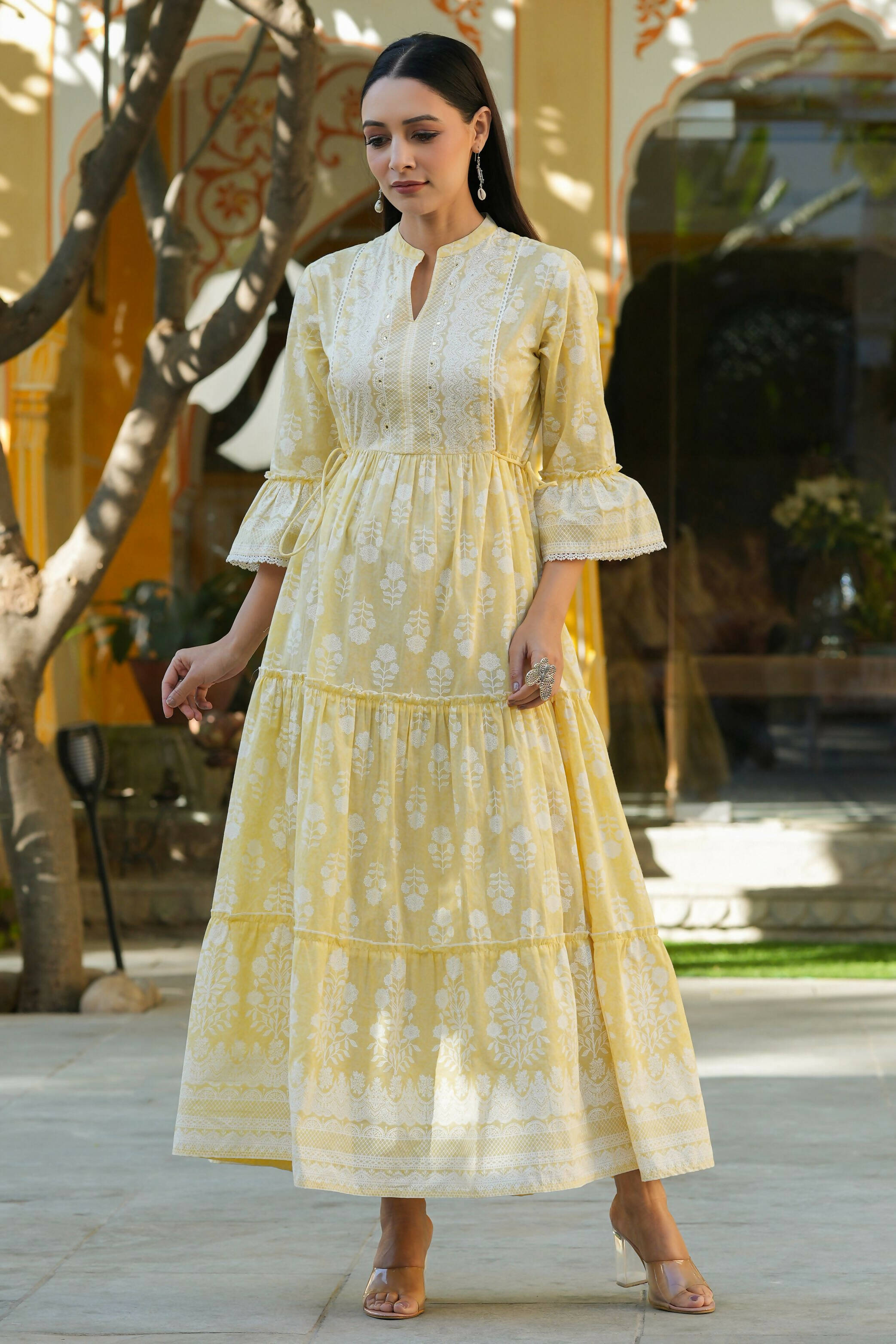 Juniper Women's Lemon Yellow Printed Teired Dress - Distacart