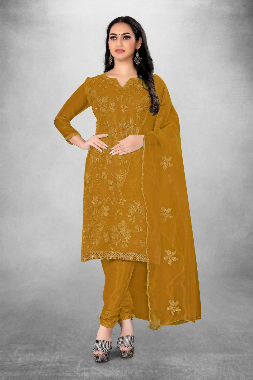 Mustard Heavy Organza Silk Embroidered Unstitched Dress Material - Amara - Distacart