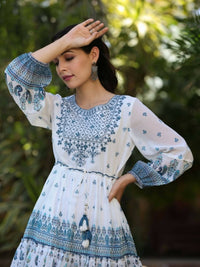 Thumbnail for Juniper Women Off-White Georgette Printed Short Tiered Dress with Embroidered Yoke - Distacart