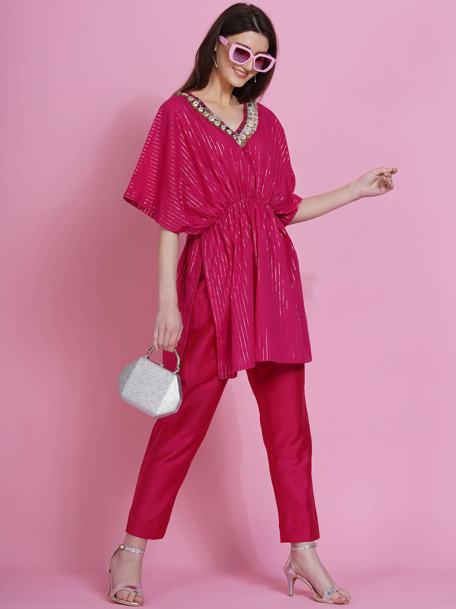 Women Republic Pink Lurex Cotton Kaftan Style Kurta With Pants - Distacart