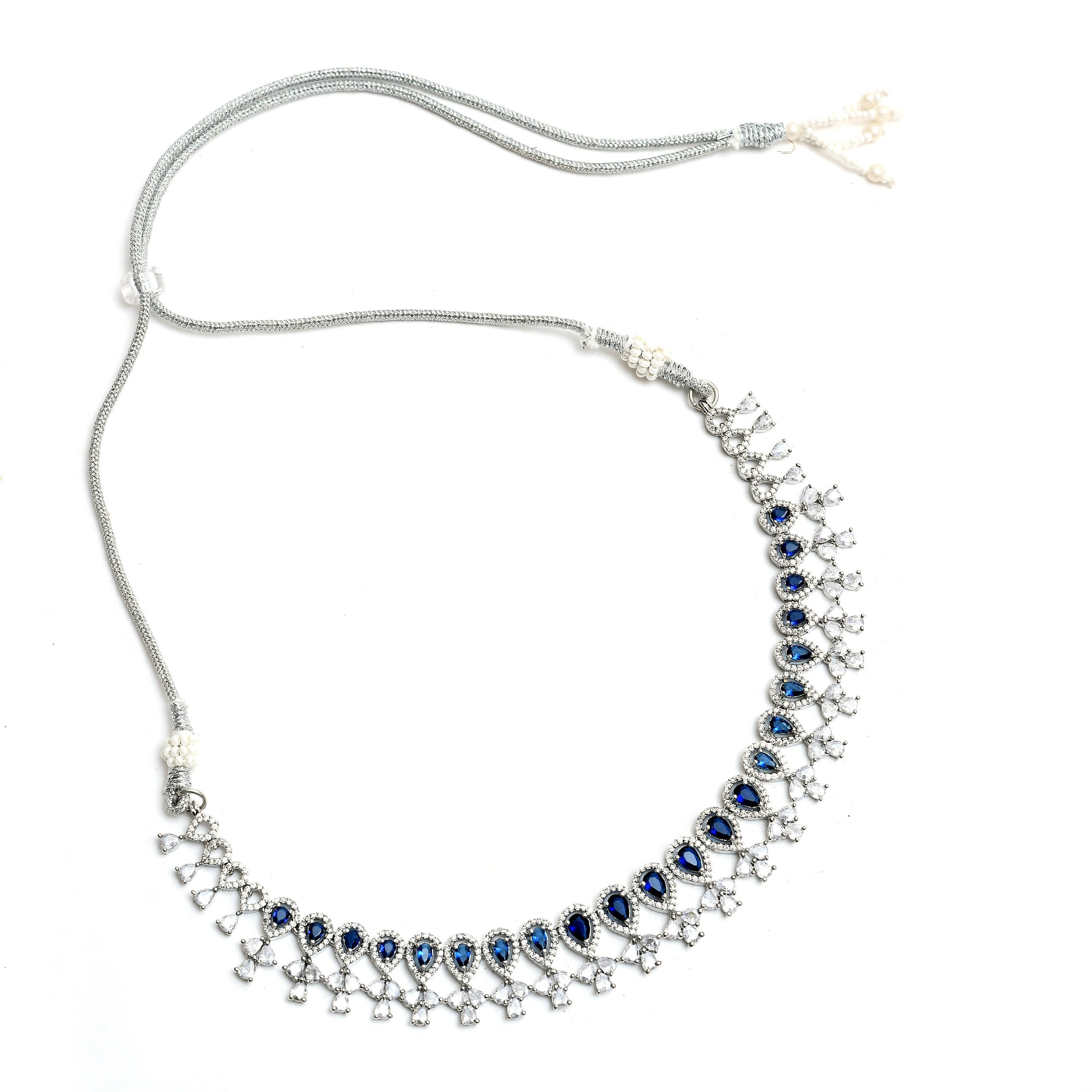 Mominos Fashion Johar Kamal Silver-Plated American Diamond Silver Blue Choker Set - Distacart