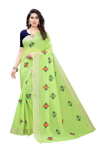 Thumbnail for Vamika Chanderi Cotton Embroidery Green Saree (Dixa Green)